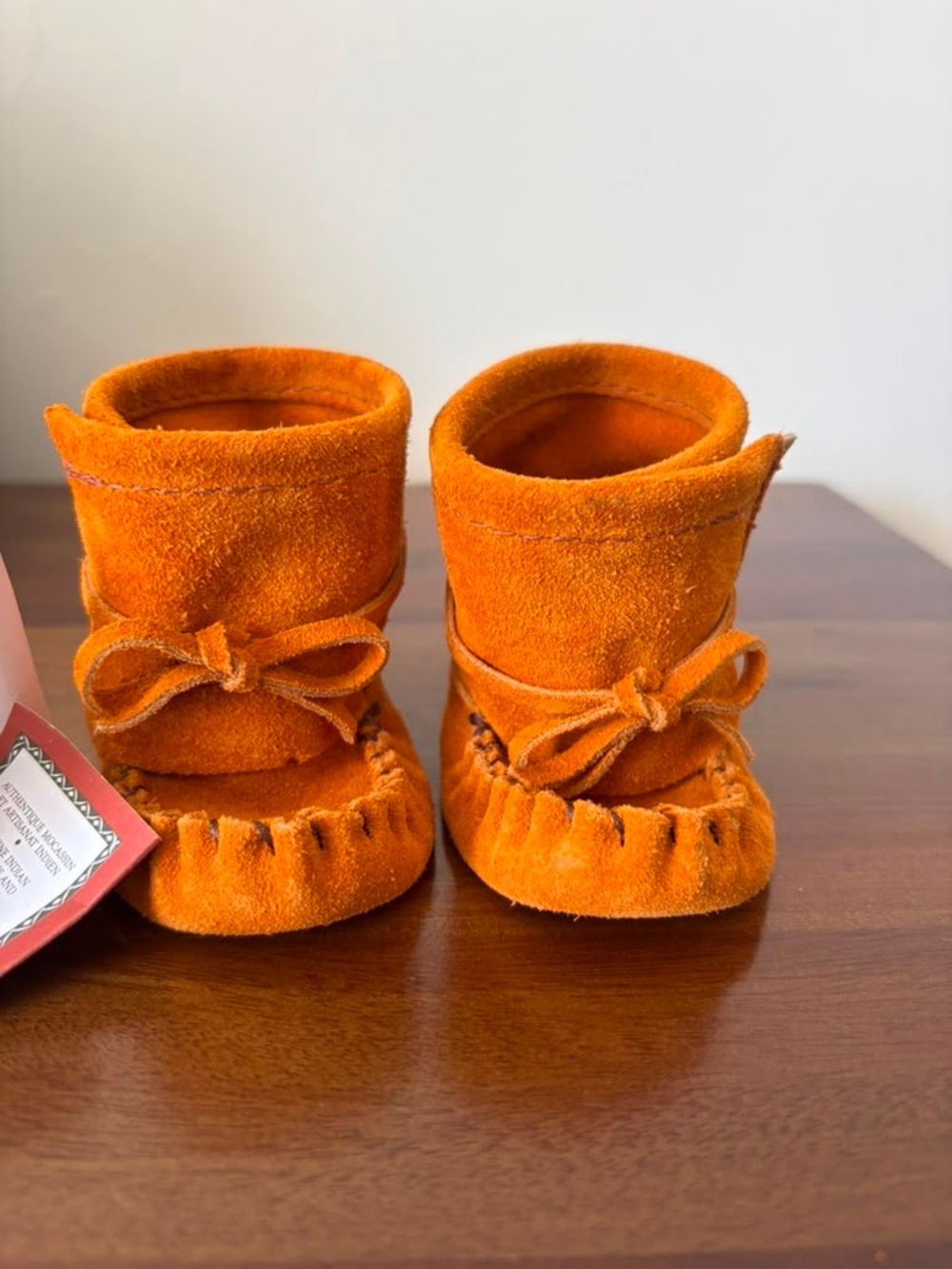 Orange Suede Baby Moccasin Booties with Bow
